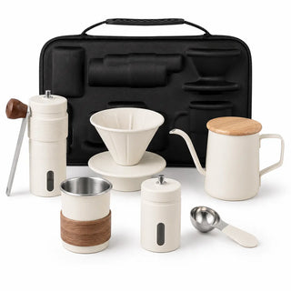 6-piece portable pour-over coffee set with hand grinder, gooseneck kettle and travel case