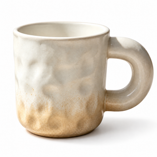Pale sand 350ml ceramic coffee mug with a rounded handle on a white background