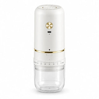 Molinillo de café eléctrico Yozcoffee blanco con botón dorado, puerto USB-C y vaso transparente para el café molido
