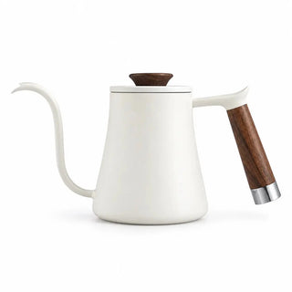 Weißer Pour-over-Kessel mit Schwanenhalsausguss und Griff in Holzoptik