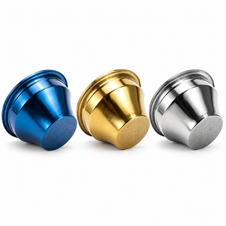 Yozcoffee 58mm tapered espresso filter baskets in blue, gold and silver on a white background