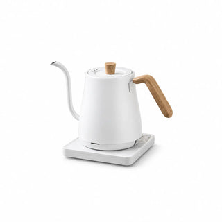 White Yozcoffee 800ml electric gooseneck kettle with wood-grain handle and matching base