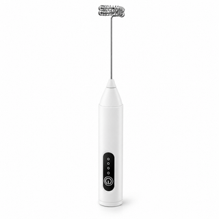 White handheld electric milk frother with double-coil whisk