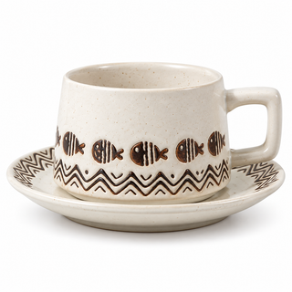 Taza y platillo de cerámica estampada: Peces y olas marfil sobre blanco