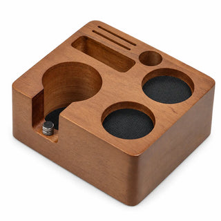 Yozcoffee solid wood espresso tamping station with tool recesses and adjustable portafilter support, base only