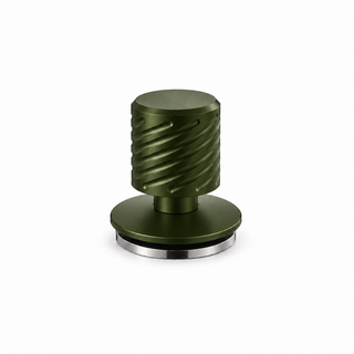 Yozcoffee dark olive green spring-loaded espresso tamper with grooved handle and stainless steel base on white