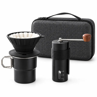 Yozcoffee black travel coffee set with dripper stacked on steel cup, manual grinder and gray carry case on white