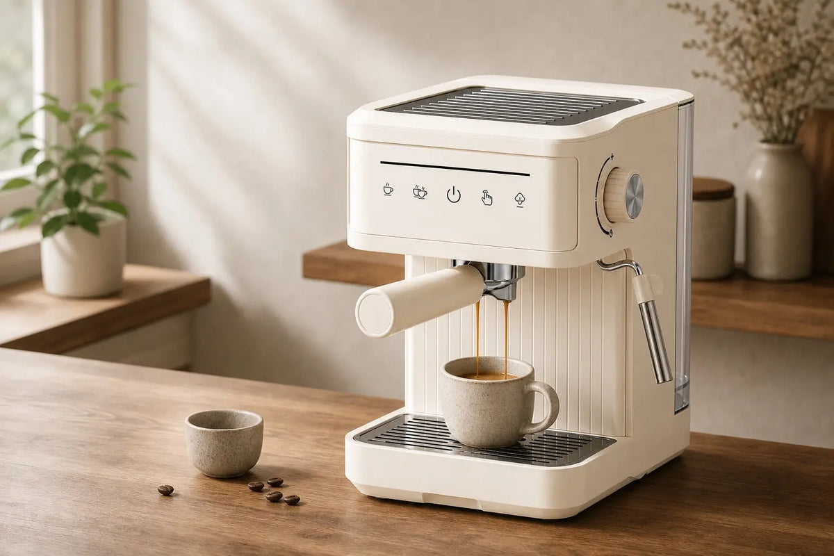 Cream 20 bar home espresso machine pulling espresso into a ceramic cup on a sunlit coffee bar