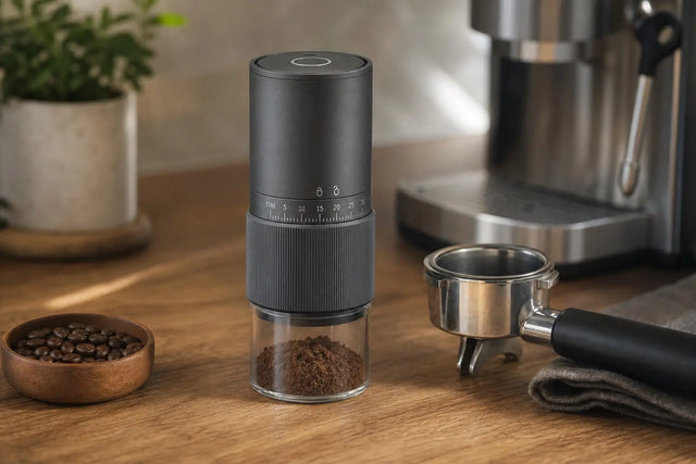Automatic espresso grinder beside a portafilter and coffee beans on a warm home coffee bar