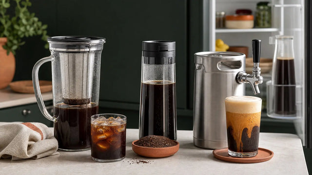 Cold-brew coffee makers including an immersion pitcher, slim carafe and nitro keg on a kitchen counter