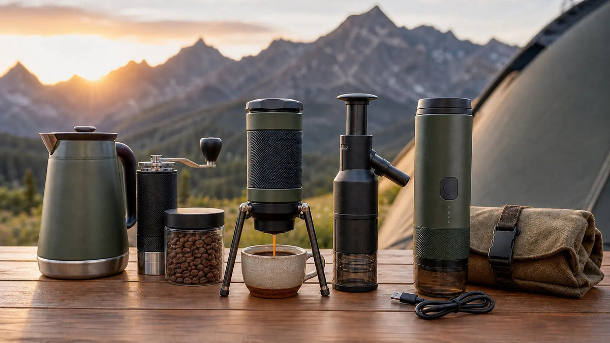 Portable espresso makers with a hand grinder, travel kettle and coffee cup at a mountain campsite