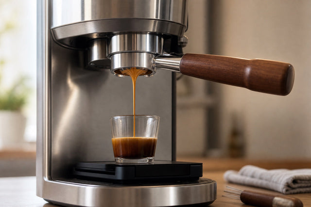 Espresso flowing from a 54mm bottomless portafilter with a walnut handle into a clear glass