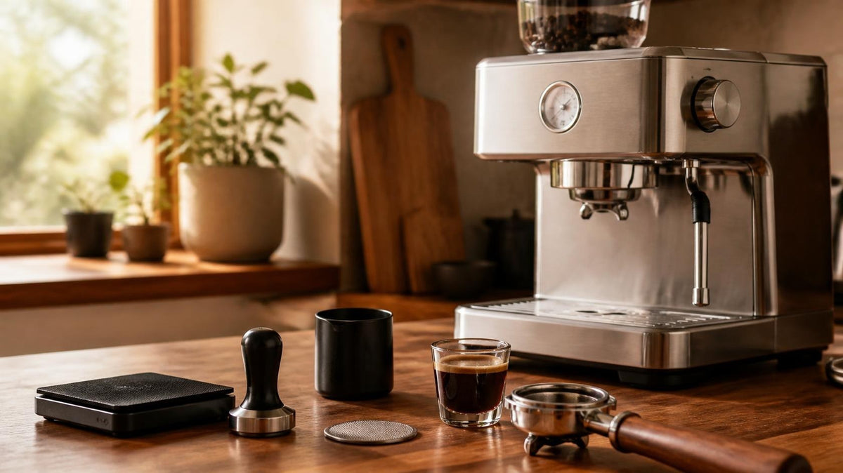 Breville Barista Express accessories: stainless espresso machine with a scale, spring tamper, puck screen, dosing cup and bottomless portafilter on a wooden counter