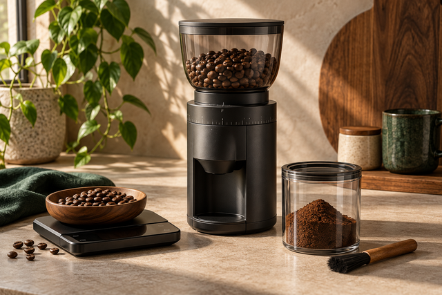 Coffee beans and grounds being weighed beside a home burr grinder