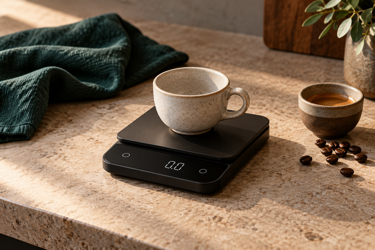 Coffee cup centered on a digital scale on a stable level countertop