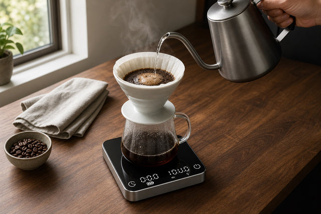 Pour-over coffee brewing on a compact black and silver coffee scale with timer