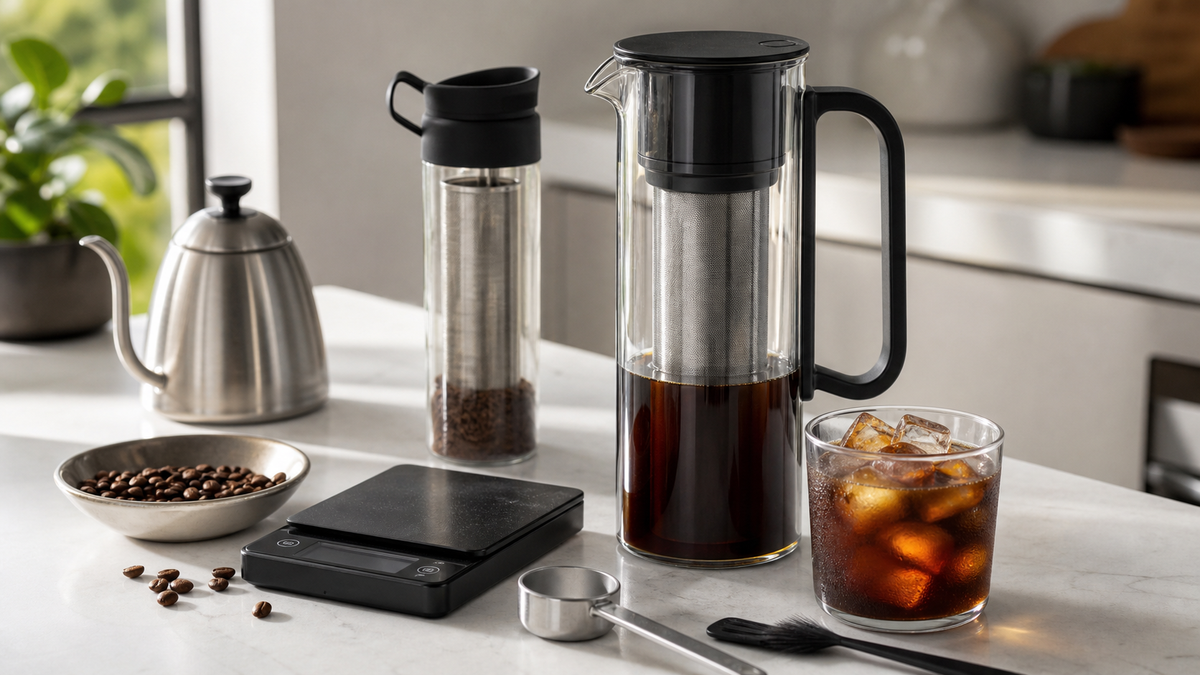 Cold brew coffee setup with glass pitcher, infuser bottle, coffee scale, beans, and iced coffee on a bright kitchen counter
