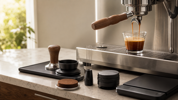 Bottomless portafilter pulling espresso beside WDT tool, tamper, scale, dosing funnel, and distributor for reducing channeling