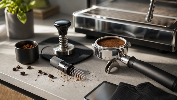 Espresso puck prep tools with bottomless portafilter, WDT tool, tamper, and dosing cup on a clean home espresso station