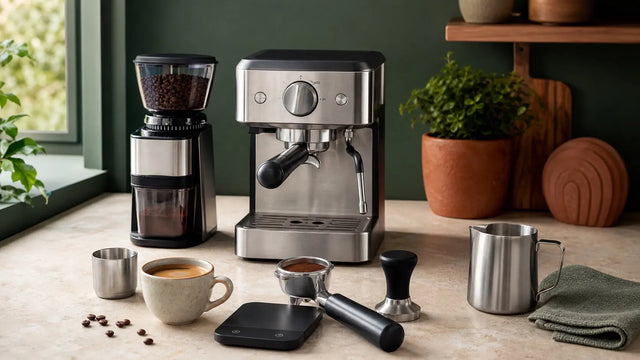 Beginner espresso setup with a compact machine, burr grinder, scale, tamper, portafilter and milk pitcher