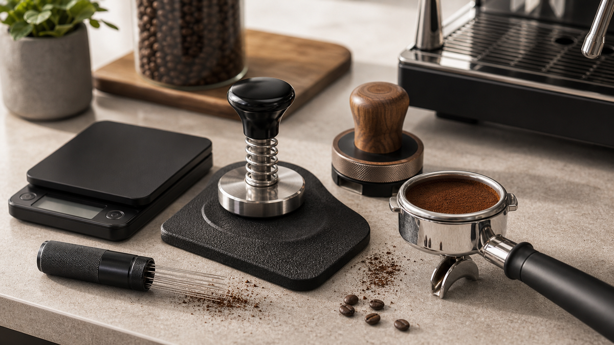 Espresso tamper setup with spring-loaded tamper, WDT tool, coffee scale, and portafilter beside an espresso machine