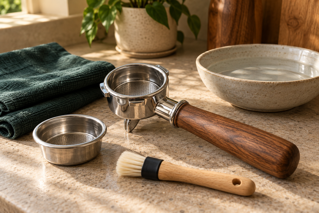 Espresso portafilter, filter basket and soft cleaning brush on a neutral counter
