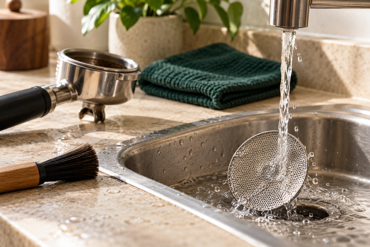 An espresso puck screen being rinsed beside a portafilter and soft cleaning brush
