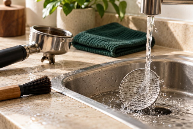 An espresso puck screen being rinsed beside a portafilter and soft cleaning brush