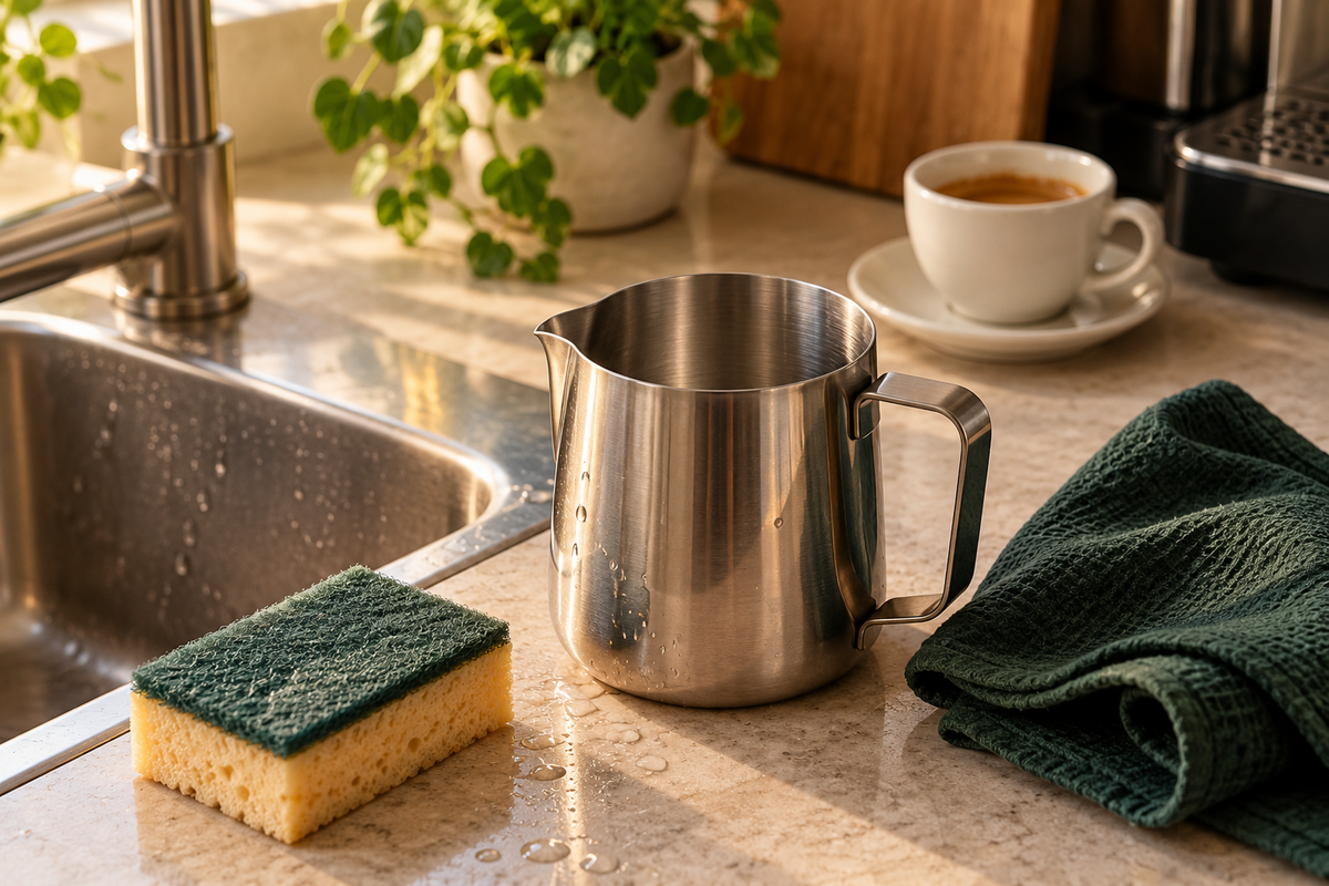 A clean stainless steel milk frothing pitcher beside a soft sponge and coffee cloth