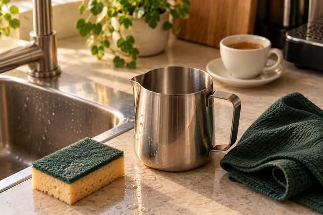 A clean stainless steel milk frothing pitcher beside a soft sponge and coffee cloth