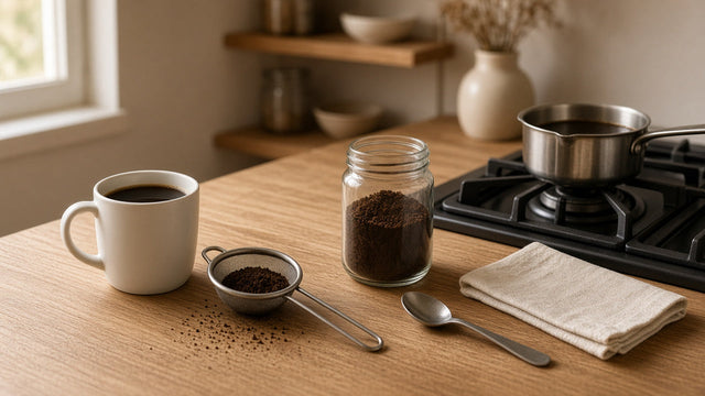how to make coffee without a coffee maker: a saucepan of coffee on the stove, a mug of black coffee, a fine sieve and a jar of ground coffee on a kitchen counter
