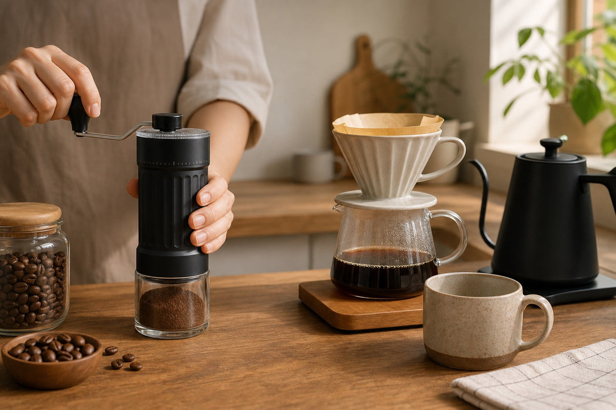 Black manual burr coffee grinder being used beside a pour-over brewer and kettle on a home coffee bar