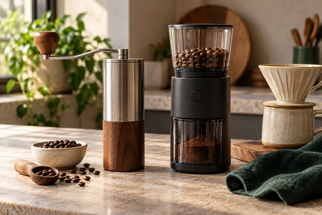 Manual and electric burr coffee grinders on a warm home coffee counter