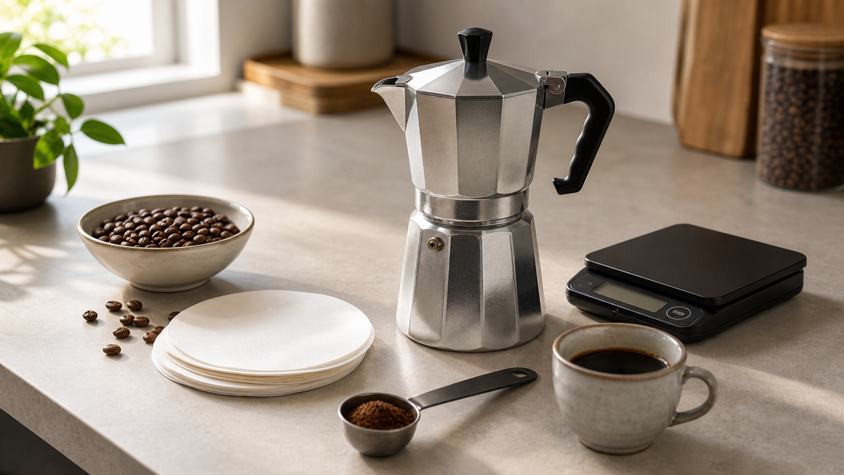 Stovetop moka pot with round filter papers, coffee scale, beans, and brewed coffee on a bright kitchen counter