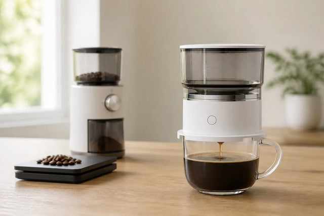 Portable coffee dripper brewing beside a grinder, scale, and coffee beans
