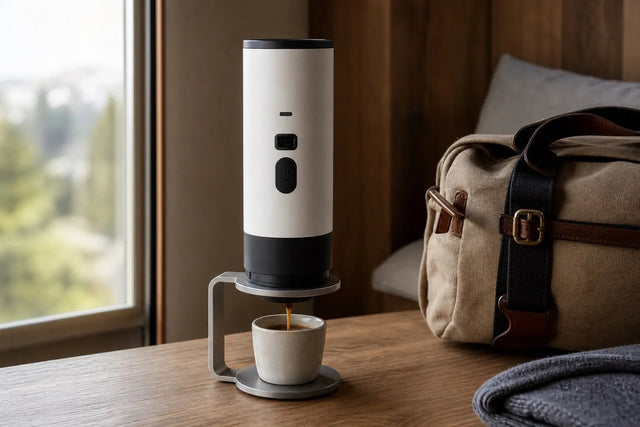 Portable espresso maker brewing beside a packed travel bag in a cabin