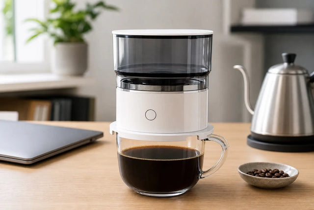 Portable automatic pour-over coffee maker brewing beside a laptop and kettle on an office desk