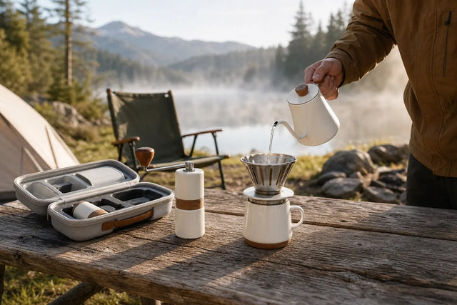 Portable pour-over coffee set brewing at a campsite with gooseneck kettle, stainless steel dripper, and open EVA travel case