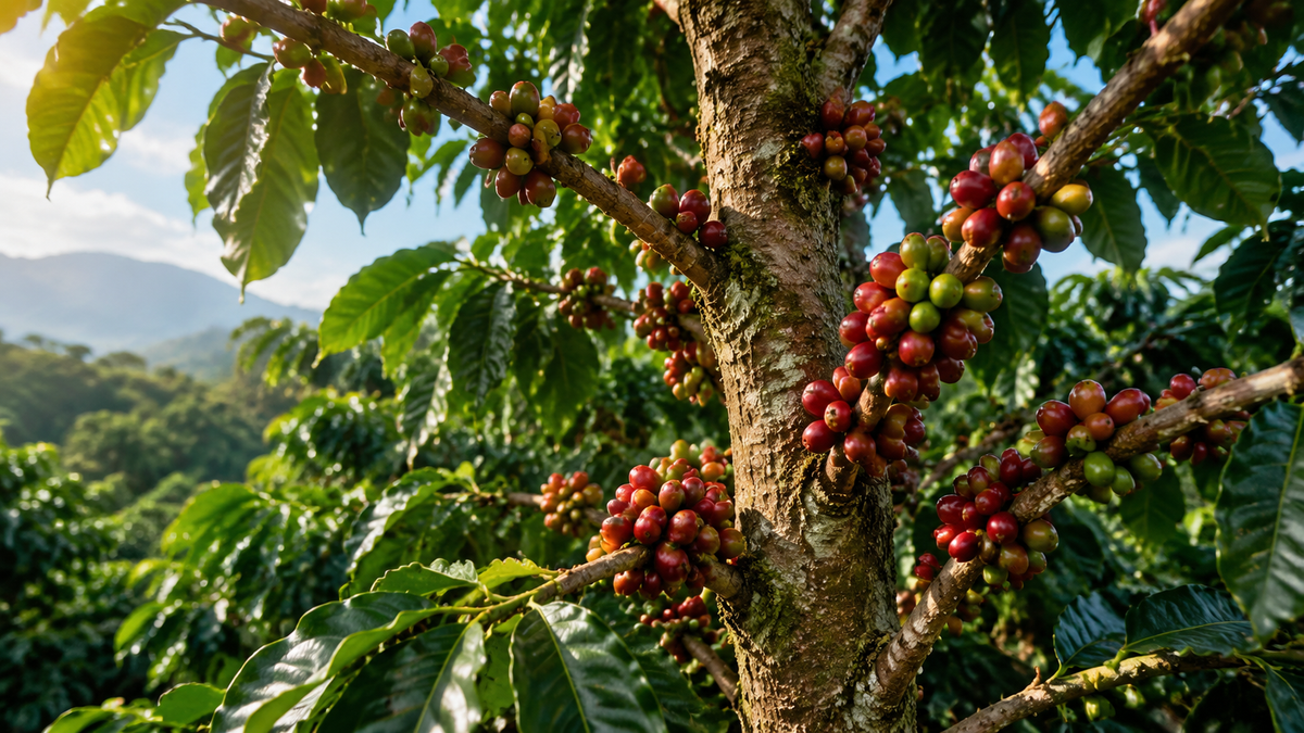 Ripe red coffee cherries on a plantation branch in natural sunlight