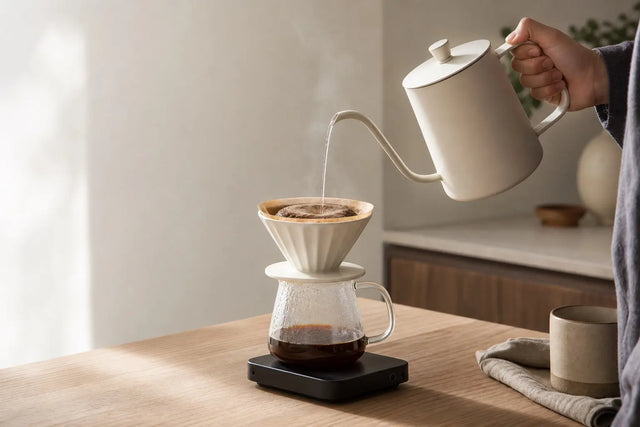 Ivory small gooseneck kettle pouring a thin stream over a ceramic coffee dripper