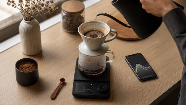 Pour-over coffee brewing on a smart Bluetooth coffee scale beside a phone displaying a brew curve