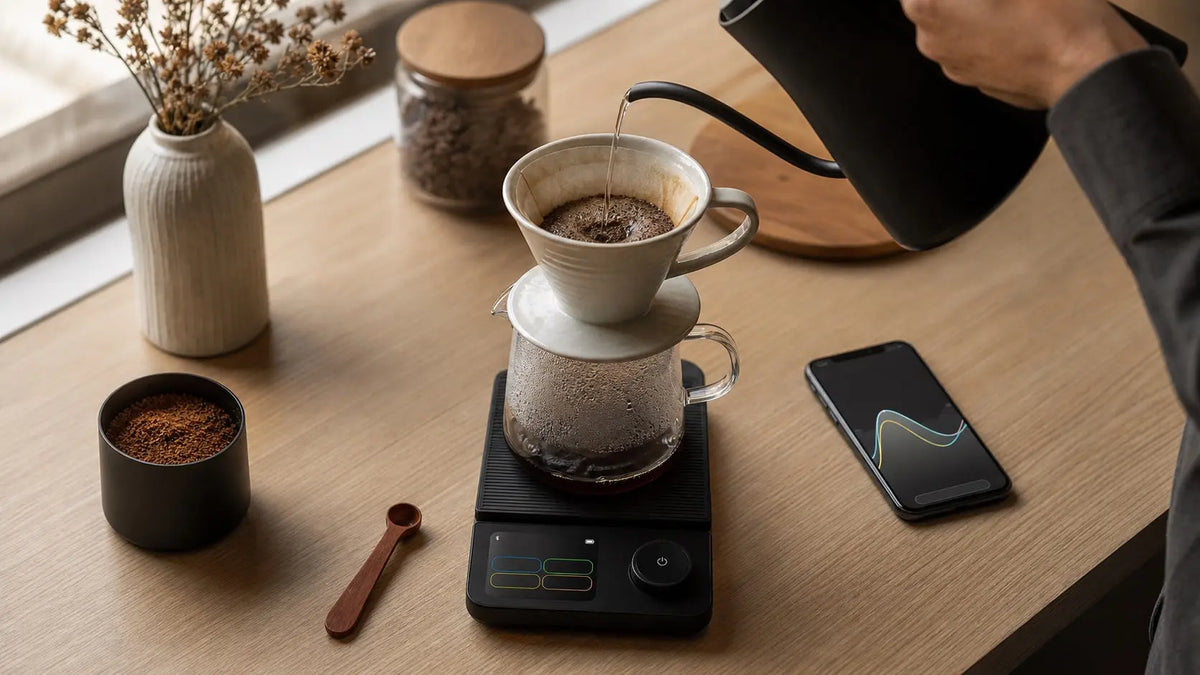 Pour-over coffee brewing on a smart Bluetooth coffee scale beside a phone displaying a brew curve