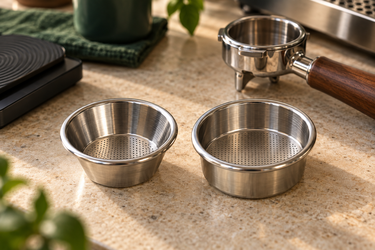 Tapered and straight-wall espresso filter baskets compared on a coffee counter