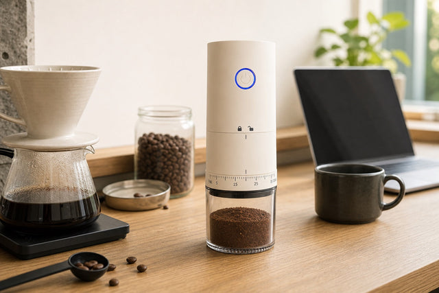 USB-C rechargeable coffee grinder beside a pour-over setup and laptop on an office counter
