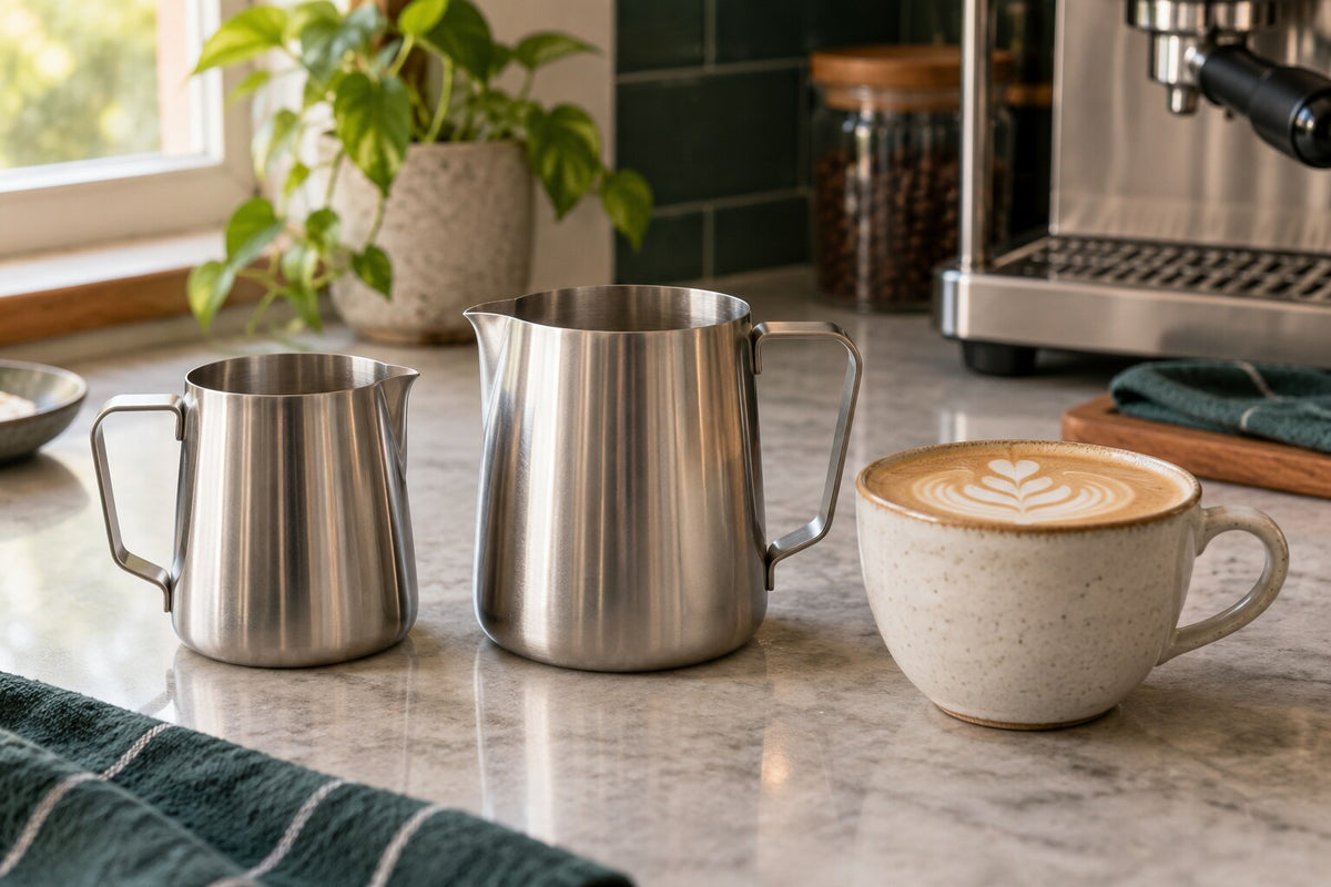 Small and large stainless steel milk pitchers beside a finished latte