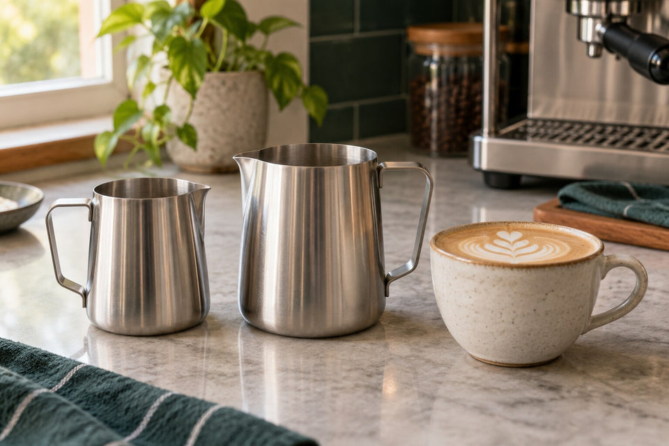 Small and large stainless steel milk pitchers beside a finished latte