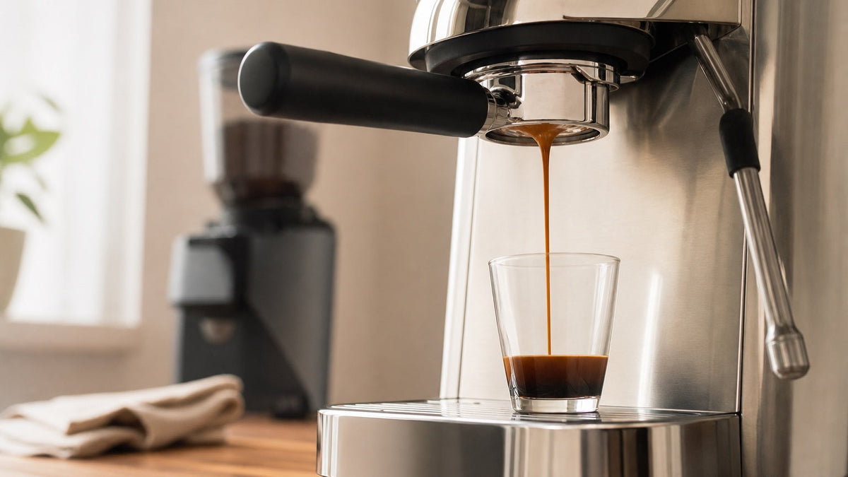 58mm bottomless portafilter extracting espresso into a clear glass on a home E61 machine