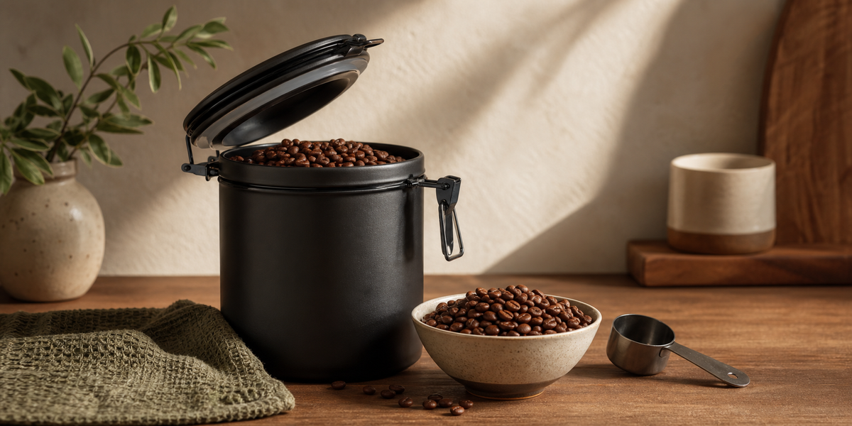 Opaque airtight coffee bean storage canister with whole roasted beans and a wooden scoop on a kitchen counter