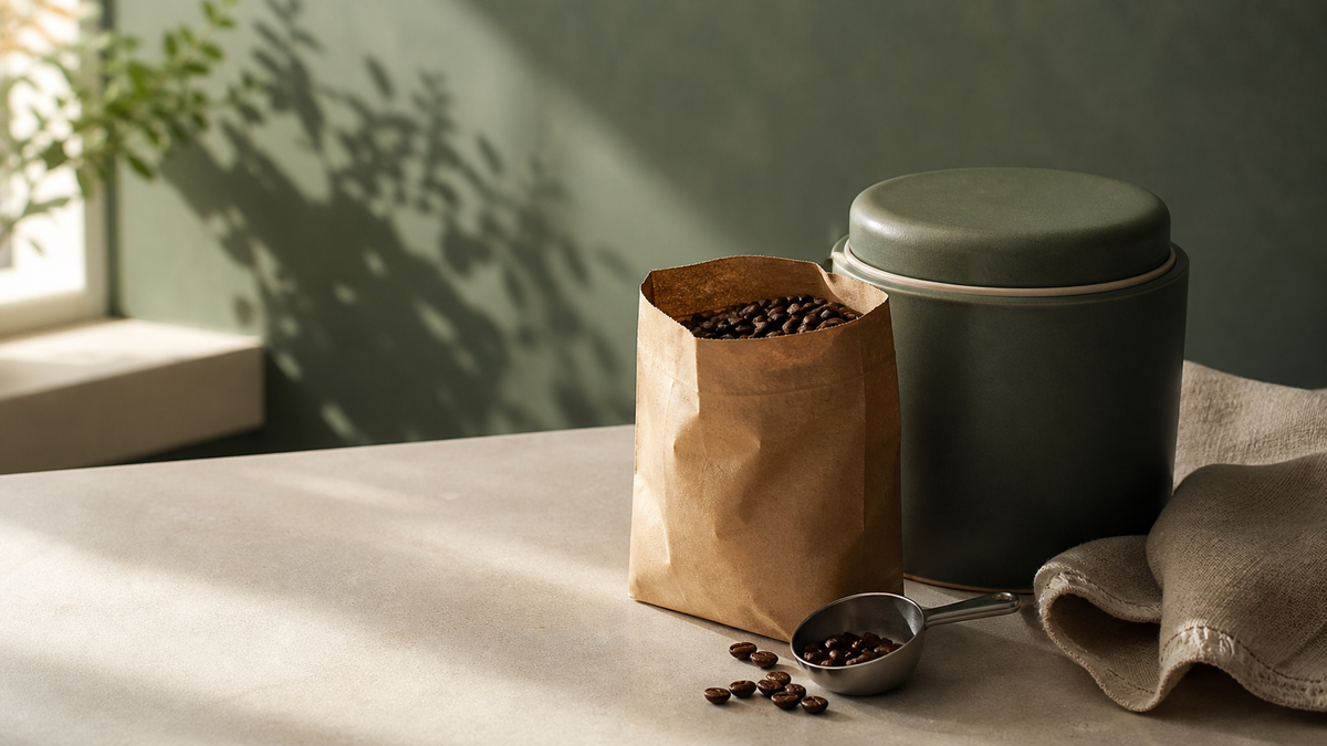 Opened bag of roasted coffee beans next to an opaque airtight canister on a kitchen counter in natural light
