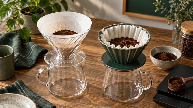 Cone and flat-bottom coffee drippers with fitted paper filters for a side-by-side comparison
